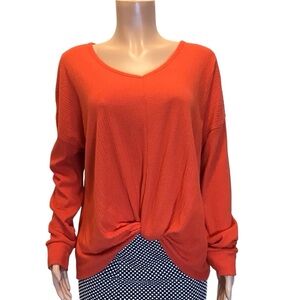 SO Women’s XL Ribbed Knit Long Sleeve Top Red Twist Front Hem Cozy Casual Shirt